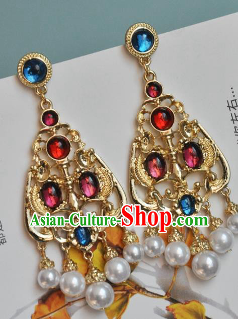 Chinese Classical Cheongsam Gems Ear Accessories Traditional Qing Dynasty Palace Lady Golden Earrings Chinese Classical Cheongsam Gems Ear Accessories Traditional Qing Dynasty Palace Lady Golden Earrings