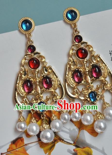 Chinese Classical Cheongsam Gems Ear Accessories Traditional Qing Dynasty Palace Lady Golden Earrings Chinese Classical Cheongsam Gems Ear Accessories Traditional Qing Dynasty Palace Lady Golden Earrings