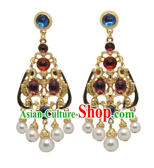 Chinese Classical Cheongsam Gems Ear Accessories Traditional Qing Dynasty Palace Lady Golden Earrings Chinese Classical Cheongsam Gems Ear Accessories Traditional Qing Dynasty Palace Lady Golden Earrings