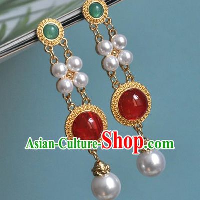Chinese Traditional Carnelian Earrings Classical Cheongsam Golden Ear Accessories