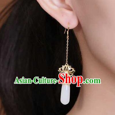 Handmade Chinese National Jade Ear Accessories Traditional Cheongsam Golden Lotus Earrings