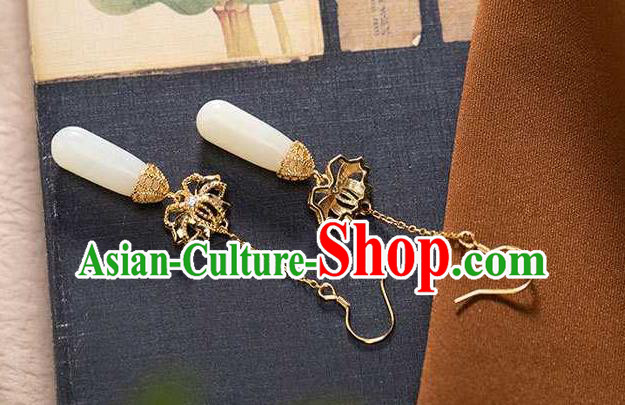 Handmade Chinese National Jade Ear Accessories Traditional Cheongsam Golden Lotus Earrings Handmade Chinese National Jade Ear Accessories Traditional Cheongsam Golden Lotus Earrings