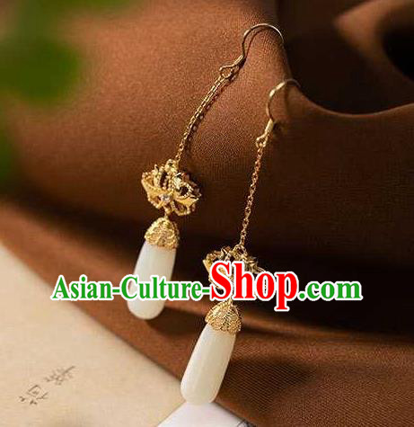 Handmade Chinese National Jade Ear Accessories Traditional Cheongsam Golden Lotus Earrings Handmade Chinese National Jade Ear Accessories Traditional Cheongsam Golden Lotus Earrings
