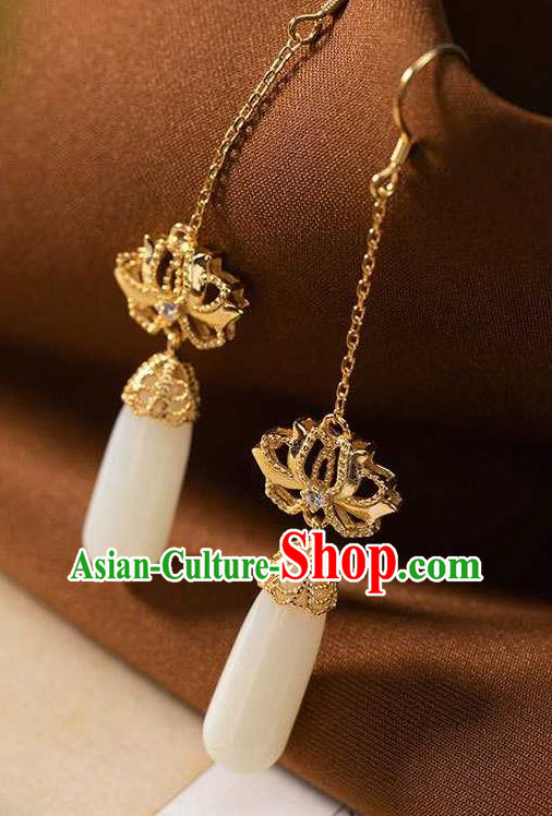 Handmade Chinese National Jade Ear Accessories Traditional Cheongsam Golden Lotus Earrings Handmade Chinese National Jade Ear Accessories Traditional Cheongsam Golden Lotus Earrings