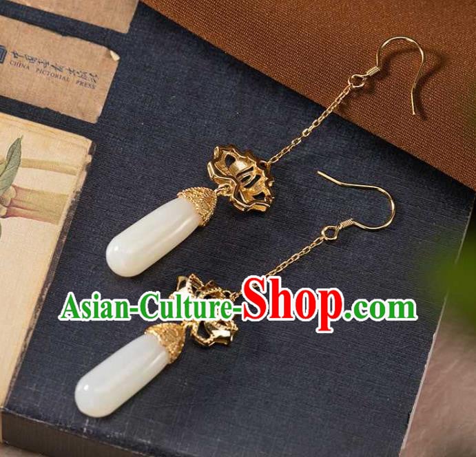 Handmade Chinese National Jade Ear Accessories Traditional Cheongsam Golden Lotus Earrings Handmade Chinese National Jade Ear Accessories Traditional Cheongsam Golden Lotus Earrings