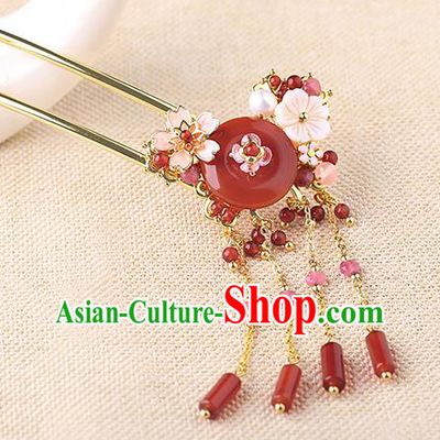 China Classical Agate Tassel Hair Stick Traditional Cheongsam Hair Accessories Handmade Pink Sakura Hairpin