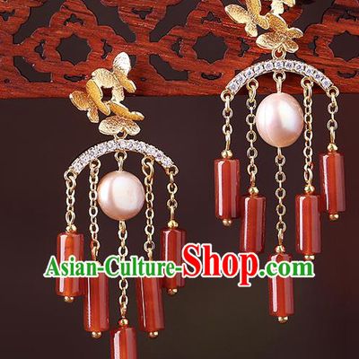 Chinese Classical Agate Tassel Ear Accessories Traditional Cheongsam Pearl Earrings