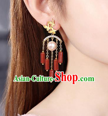 Chinese Classical Agate Tassel Ear Accessories Traditional Cheongsam Pearl Earrings Chinese Classical Agate Tassel Ear Accessories Traditional Cheongsam Pearl Earrings