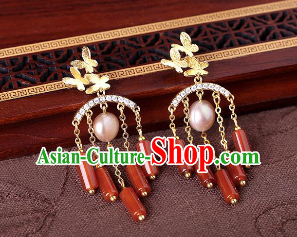 Chinese Classical Agate Tassel Ear Accessories Traditional Cheongsam Pearl Earrings Chinese Classical Agate Tassel Ear Accessories Traditional Cheongsam Pearl Earrings