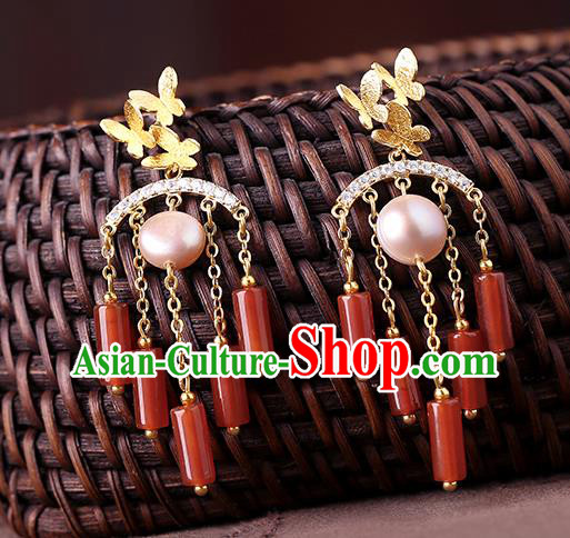 Chinese Classical Agate Tassel Ear Accessories Traditional Cheongsam Pearl Earrings Chinese Classical Agate Tassel Ear Accessories Traditional Cheongsam Pearl Earrings