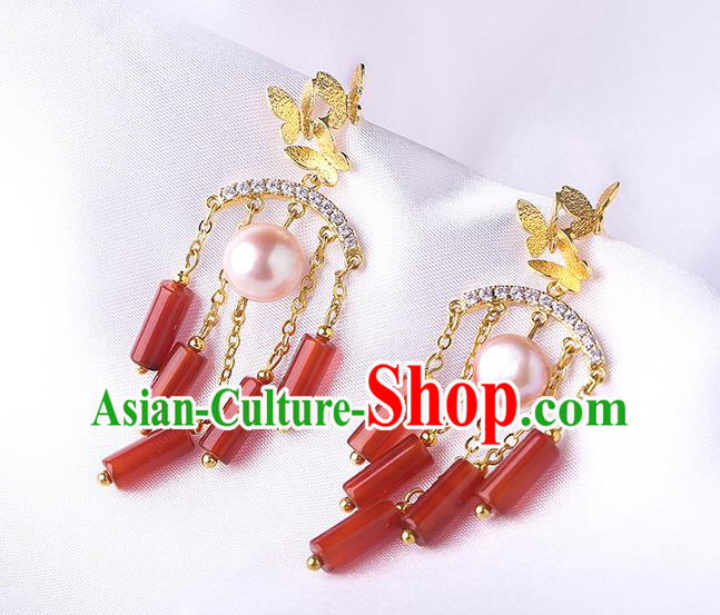 Chinese Classical Agate Tassel Ear Accessories Traditional Cheongsam Pearl Earrings Chinese Classical Agate Tassel Ear Accessories Traditional Cheongsam Pearl Earrings