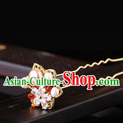 China Classical Crystal Hair Stick Traditional Cheongsam Hair Accessories Handmade Pearls Golden Hairpin