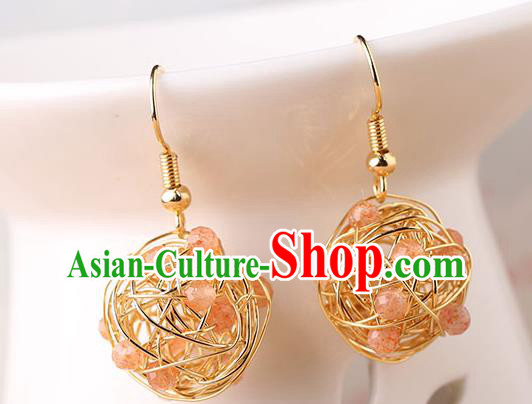 Chinese Classical Golden Ear Accessories Traditional Cheongsam National Rose Quartz Earrings