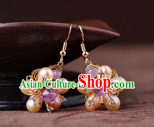 Chinese Classical Pearls Plum Ear Accessories Traditional Cheongsam National Amethyst Earrings Chinese Classical Pearls Plum Ear Accessories Traditional Cheongsam National Amethyst Earrings