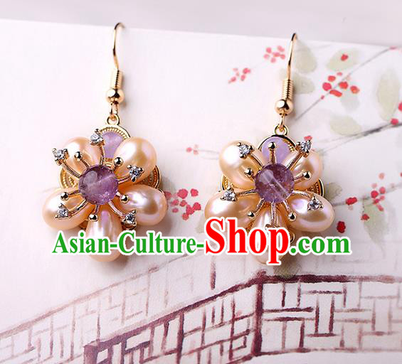 Chinese Classical Pearls Plum Ear Accessories Traditional Cheongsam National Amethyst Earrings Chinese Classical Pearls Plum Ear Accessories Traditional Cheongsam National Amethyst Earrings