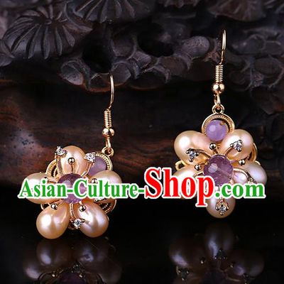 Chinese Classical Pearls Plum Ear Accessories Traditional Cheongsam National Amethyst Earrings