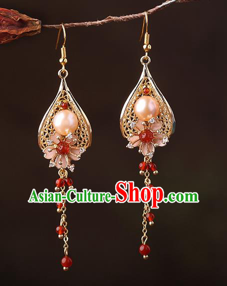 Chinese Classical Red Beads Tassel Ear Accessories Traditional Cheongsam Pearl Golden Earrings Chinese Classical Red Beads Tassel Ear Accessories Traditional Cheongsam Pearl Golden Earrings