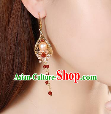 Chinese Classical Red Beads Tassel Ear Accessories Traditional Cheongsam Pearl Golden Earrings Chinese Classical Red Beads Tassel Ear Accessories Traditional Cheongsam Pearl Golden Earrings