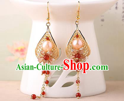 Chinese Classical Red Beads Tassel Ear Accessories Traditional Cheongsam Pearl Golden Earrings Chinese Classical Red Beads Tassel Ear Accessories Traditional Cheongsam Pearl Golden Earrings