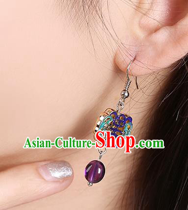 Chinese Classical Cloisonne Bat Ear Accessories Traditional Cheongsam National Amethyst Earrings Chinese Classical Cloisonne Bat Ear Accessories Traditional Cheongsam National Amethyst Earrings