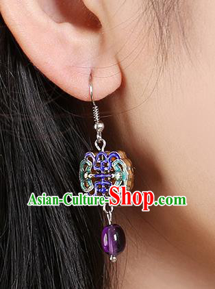 Chinese Classical Cloisonne Bat Ear Accessories Traditional Cheongsam National Amethyst Earrings Chinese Classical Cloisonne Bat Ear Accessories Traditional Cheongsam National Amethyst Earrings