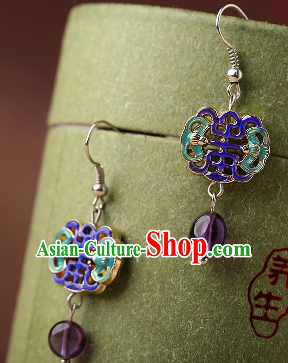 Chinese Classical Cloisonne Bat Ear Accessories Traditional Cheongsam National Amethyst Earrings Chinese Classical Cloisonne Bat Ear Accessories Traditional Cheongsam National Amethyst Earrings