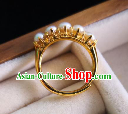 Handmade Chinese Ancient Palace Pearls Ring Jewelry Traditional Ming Dynasty Golden Circlet Handmade Chinese Ancient Palace Pearls Ring Jewelry Traditional Ming Dynasty Golden Circlet
