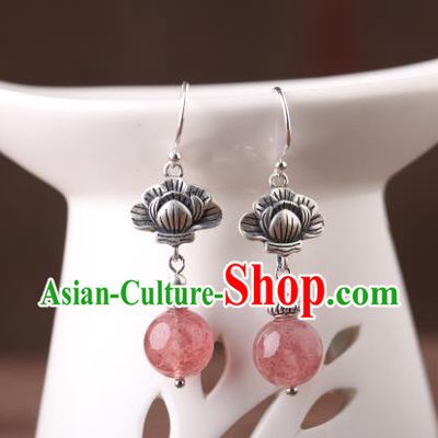 Chinese Classical Strawberry Quartz Ear Accessories Traditional Cheongsam Silver Earrings
