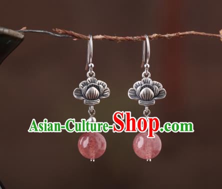 Chinese Classical Strawberry Quartz Ear Accessories Traditional Cheongsam Silver Earrings Chinese Classical Strawberry Quartz Ear Accessories Traditional Cheongsam Silver Earrings