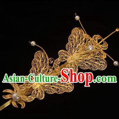 China Classical Filigree Golden Butterfly Hair Stick Traditional Hair Accessories Ming Dynasty Court Hairpin