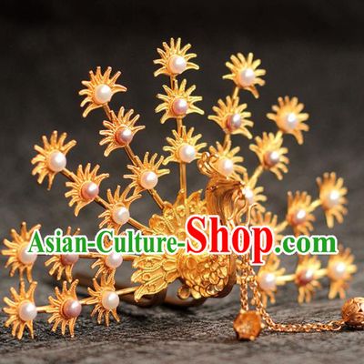 China Ancient Empress Pearls Hair Crown Traditional Hair Accessories Ming Dynasty Golden Phoenix Hairpin
