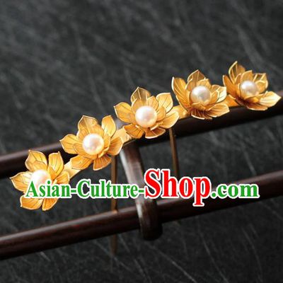 China Ancient Empress Pearls Hair Stick Traditional Hair Accessories Ming Dynasty Golden Lotus Hairpin