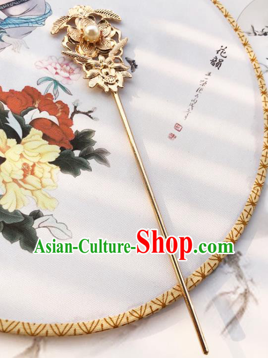 China Traditional Hanfu Pearl Hair Stick Ancient Princess Hair Accessories Golden Plum Hairpin China Traditional Hanfu Pearl Hair Stick Ancient Princess Hair Accessories Golden Plum Hairpin