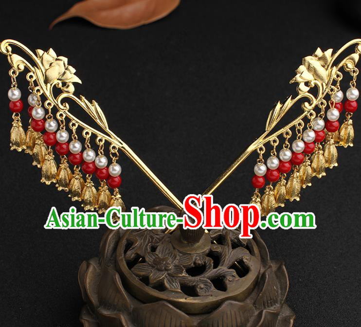 China Ancient Tang Dynasty Palace Lady Hairpin Traditional Hanfu Golden Lotus Hair Stick China Ancient Tang Dynasty Palace Lady Hairpin Traditional Hanfu Golden Lotus Hair Stick