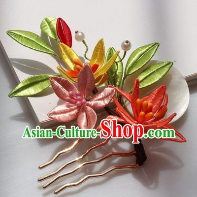 China Traditional Hanfu Silk Flowers Hair Comb Ancient Ming Dynasty Princess Lily Flowers Hairpin
