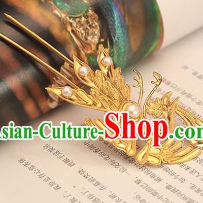 China Traditional Ming Dynasty Golden Phoenix Hairpin Hair Accessories Ancient Empress Pearls Hair Stick