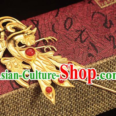 China Traditional Ming Dynasty Ruby Hairpin Hair Accessories Ancient Empress Golden Phoenix Hair Stick