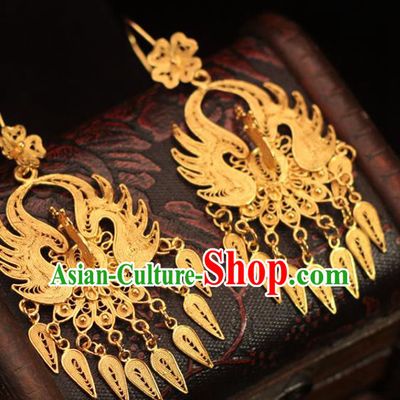 Chinese Traditional Ming Dynasty Golden Phoenix Earrings Ancient Empress Filigree Ear Accessories