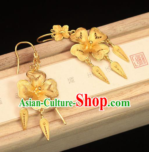 Chinese Ancient Empress Filigree Ear Accessories Traditional Ming Dynasty Golden Flower Earrings Chinese Ancient Empress Filigree Ear Accessories Traditional Ming Dynasty Golden Flower Earrings