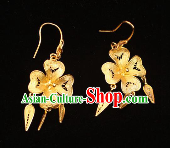 Chinese Ancient Empress Filigree Ear Accessories Traditional Ming Dynasty Golden Flower Earrings Chinese Ancient Empress Filigree Ear Accessories Traditional Ming Dynasty Golden Flower Earrings