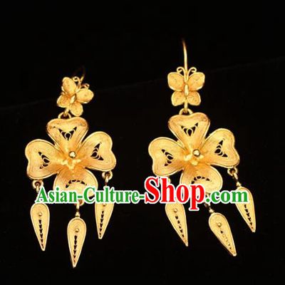 Chinese Ancient Empress Filigree Ear Accessories Traditional Ming Dynasty Golden Flower Earrings