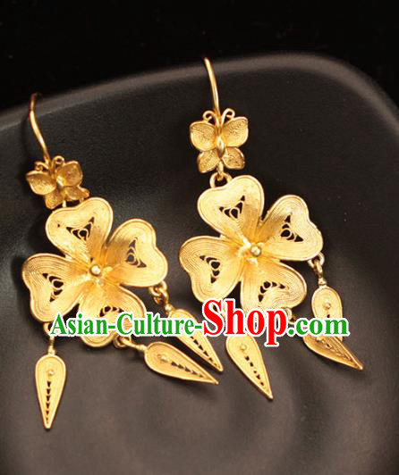 Chinese Ancient Empress Filigree Ear Accessories Traditional Ming Dynasty Golden Flower Earrings Chinese Ancient Empress Filigree Ear Accessories Traditional Ming Dynasty Golden Flower Earrings