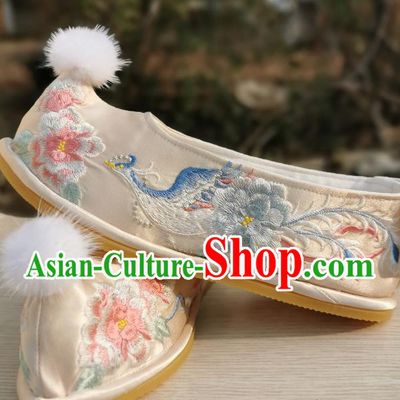 Handmade Chinese Traditional Hanfu Light Golden Satin Bow Shoes Embroidered Phoenix Peony Shoes Ancient Princess Shoes
