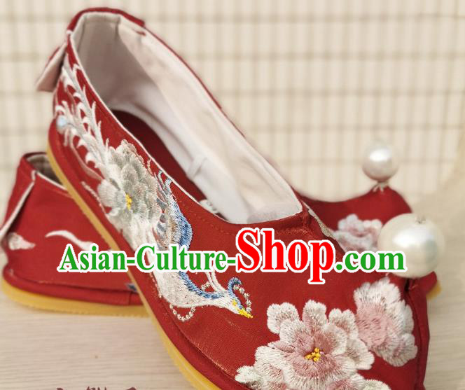 Handmade Chinese Traditional Wedding Hanfu Shoes Embroidered Phoenix Peony Shoes Red Satin Bow Shoes Handmade Chinese Traditional Wedding Hanfu Shoes Embroidered Phoenix Peony Shoes Red Satin Bow Shoes