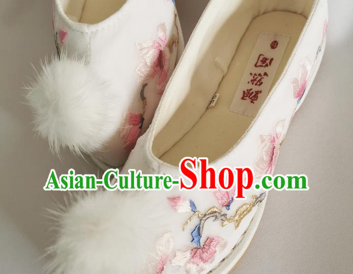 Handmade Chinese Traditional Hanfu Shoes Embroidered Mangnolia Shoes White Bow Shoes Handmade Chinese Traditional Hanfu Shoes Embroidered Mangnolia Shoes White Bow Shoes