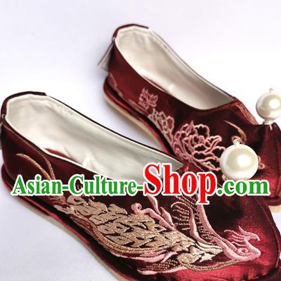 Handmade Chinese Wine Red Satin Bow Shoes Traditional Hanfu Shoes Embroidered Phoenix Shoes