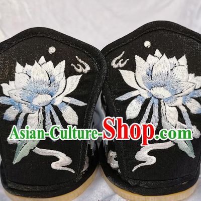 Handmade Chinese Traditional Hanfu Princess Shoes Black Satin Shoes Embroidered Epiphyllum Shoes