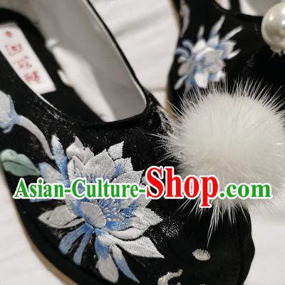 Handmade Chinese Embroidered Epiphyllum Shoes Traditional Hanfu Princess Shoes Black Satin Shoes