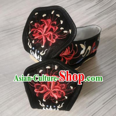 Handmade Chinese Bow Shoes Embroidered Shoes Traditional Han Dynasty Black Satin Shoes Princess Shoes