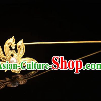 China Ming Dynasty Court Hairpin Traditional Hair Accessories Ancient Empress Golden Orchids Hair Stick
